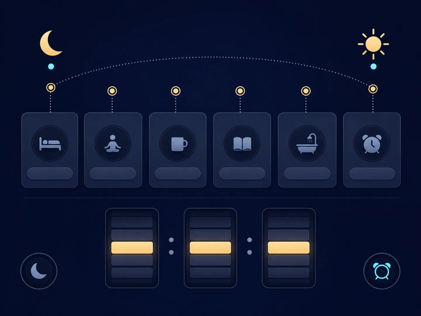 Dark bedtime planner interface with time wheels and six sleep-cycle options