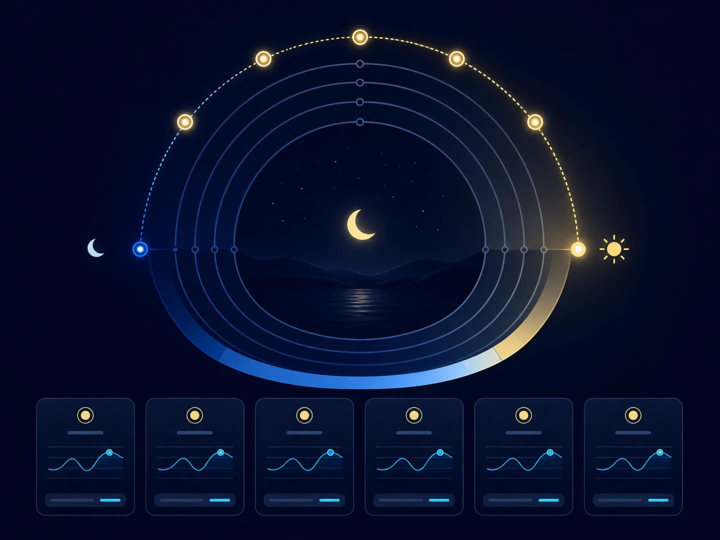 Dark sleep cycle calculator showing six wake-up points between night and sunrise